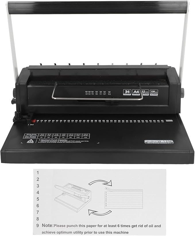 Wire Binding Machine Spiral Coil 3:1 Pitch Punch 12 Sheets Bind 120 Sheets for A4 A5, Simply Customize Paper Margin
