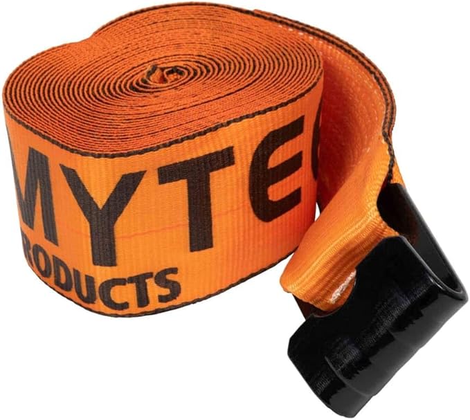 Mytee Products Winch Straps 4" x 30' - High Abrasion Orange Heavy Duty Tie Down wFlat Hook Extreme WLL 6670 lbs  4 Inch Cargo Control for Flatbed Truck Utility Trailer