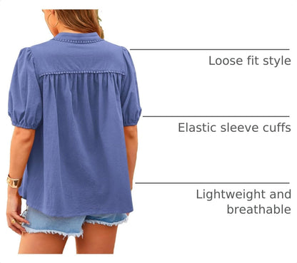 XXL PRETTYGARDEN Women's 2026 Summer Button Down Shirts Short Lantern Sleeve V Neck Cotton Cute Tops Dressy Casual Blouses