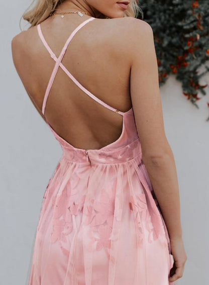 Cream Color With Pink Flowers Dokotoo Womens Formal Dresses Deep V-Neck Embroidered Lace Mesh Evening Party Prom Dress Long Wedding Dress