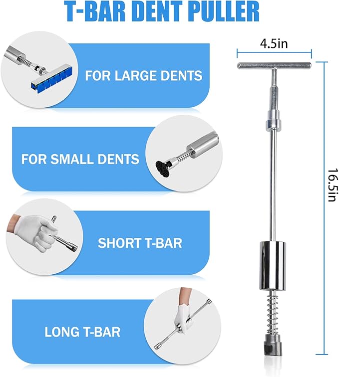 128PCS Dent Removal Kit,Paint-Safe Dent Removal Tools, DIY Dent Puller Set with Golden Lifter, T-Bar, Bridge Suction Cup Puller, Rubber Hammer  Glue Gun for Car Dent Removal