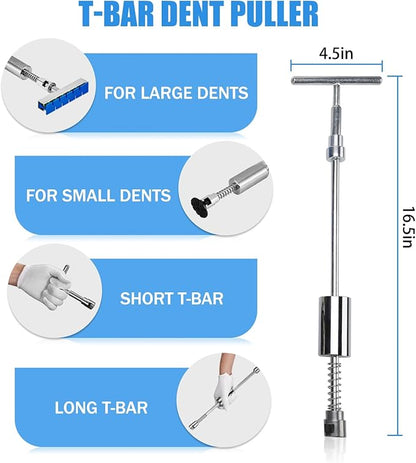 128PCS Dent Removal Kit,Paint-Safe Dent Removal Tools, DIY Dent Puller Set with Golden Lifter, T-Bar, Bridge Suction Cup Puller, Rubber Hammer  Glue Gun for Car Dent Removal