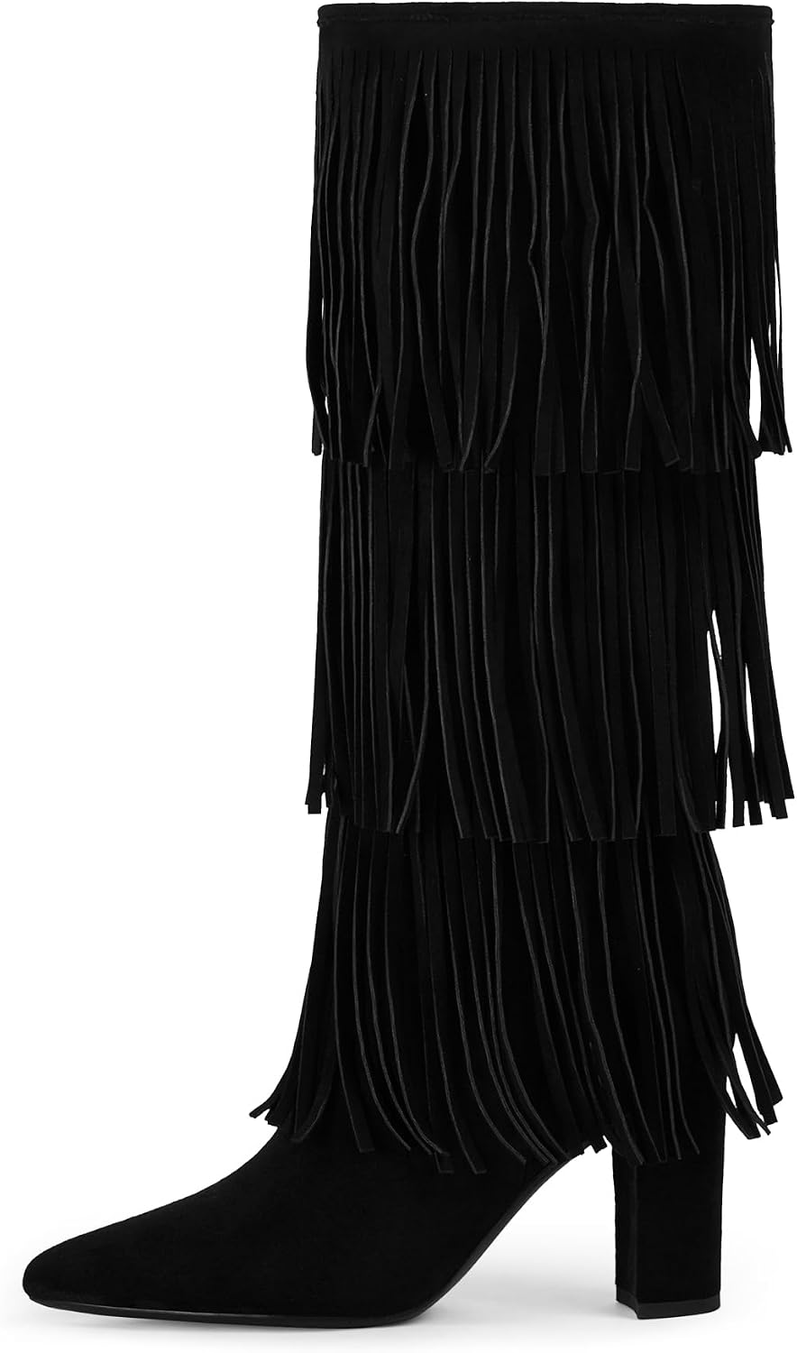 Knee High Boots Women Fold Over Knee High Boots Chunky High Heels Long Boots Zipper Pointed Toe Dress Tall Boots for Women