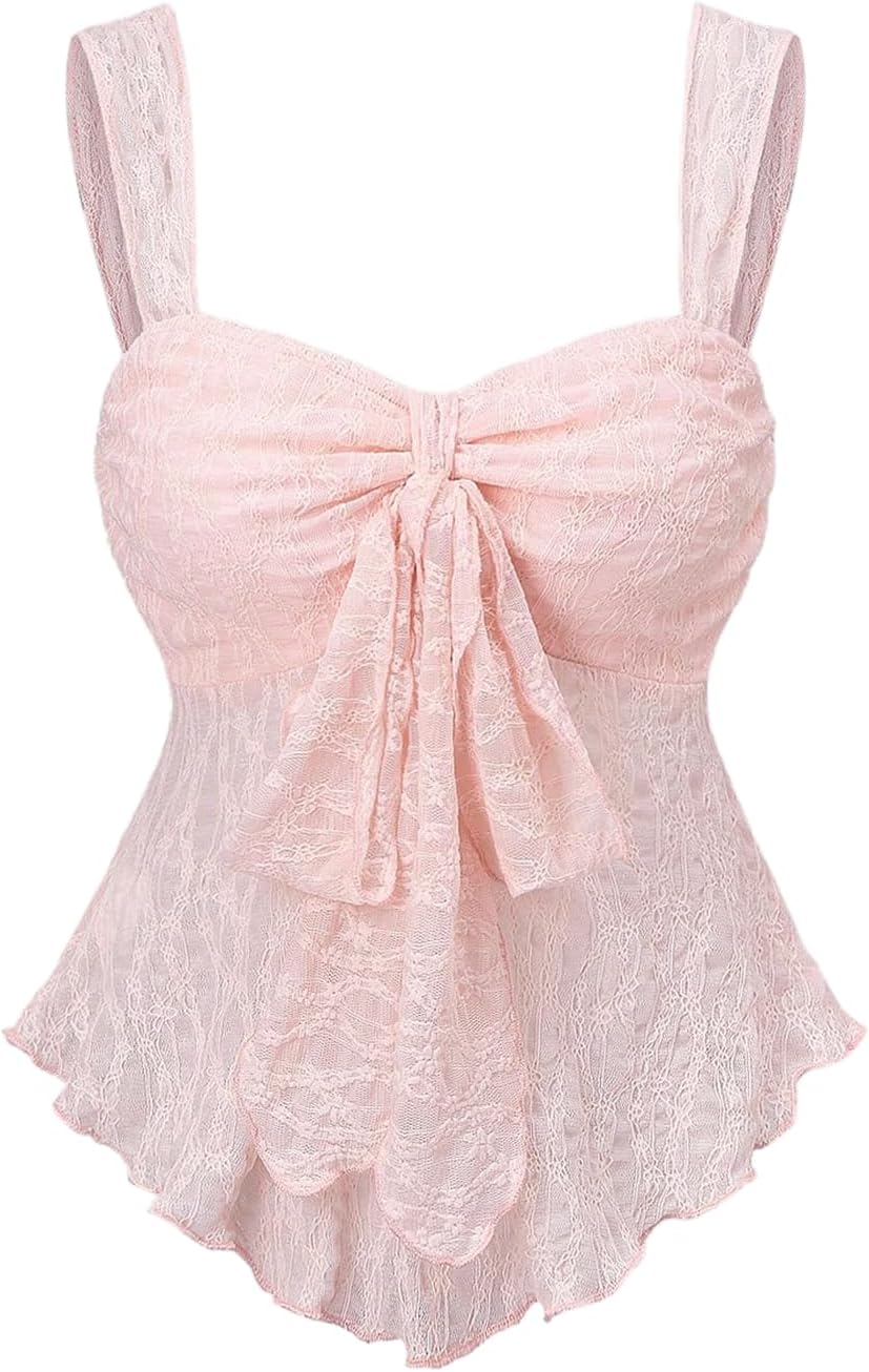 SOLY HUX Women's Cute Babydoll Tops Sleeveless Tie Front Lace Peplum Tank Top Summer Going Out Camisole Top
