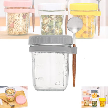 Overnight Oats Jars,Glass Yogurt Jars for Overnight,Leak Proof Mason Glass Jars for Milk Cereal,Chia Pudding Jars,Oats Containers with Spoon,Lid and Measurement Marks for Meal Prep (Gray)