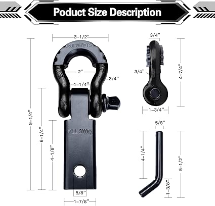 AUTOBOTS Shackle Hitch Receiver 2", 45,000 Lbs Break Strength Heavy Duty Receiver with 5/8" Screw Pin, 3/4" D Ring Shackles, Towing Accessories for Vehicle Recovery Off-Road, Black&Black