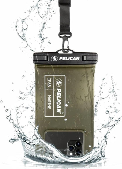 Pelican Marine - IP68 Waterproof Phone Pouch (Regular Size) Floating Waterproof Phone Case - Beach Cruise Ship Travel Essentials - Works with All Phones - Detachable Lanyard - Olive Green