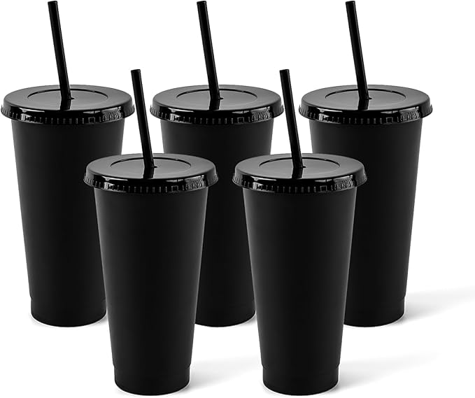 letech Plastic Black Cups with Lids and Straws, 5 Pack 24oz Reusable Cups With Lids and Straws Bulk for Adults Kid Women Party, Portable Spill Proof Cups for Iced Coffee