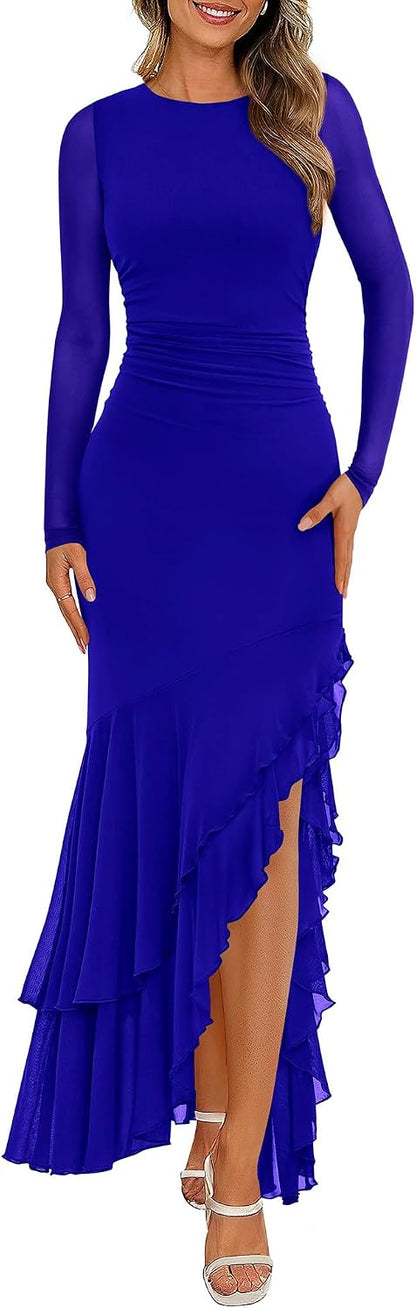 BTFBM Women's Maxi Dresses Fall 2026 Long Sleeve Ruched Bodycon Solid Ruffle Mermaid Cocktail Wedding Guest Dress .