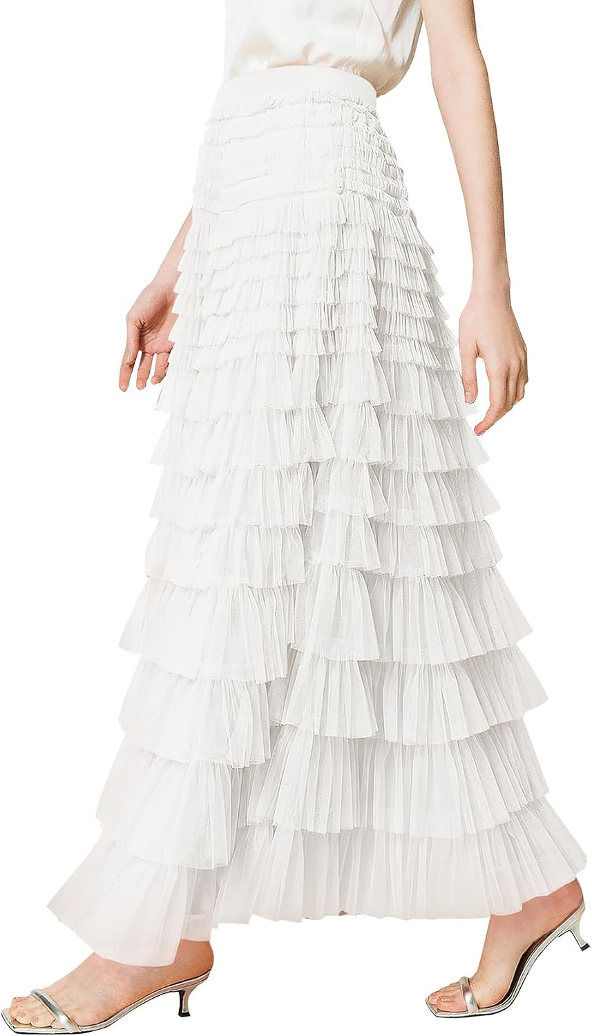 PEHMEA Tulle Maxi Skirts for Women, High Waist A-Line Flowy Elegant Party Wedding Guest Casual Skirt