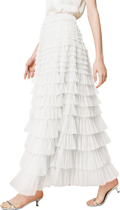 PEHMEA Tulle Maxi Skirts for Women, High Waist A-Line Flowy Elegant Party Wedding Guest Casual Skirt