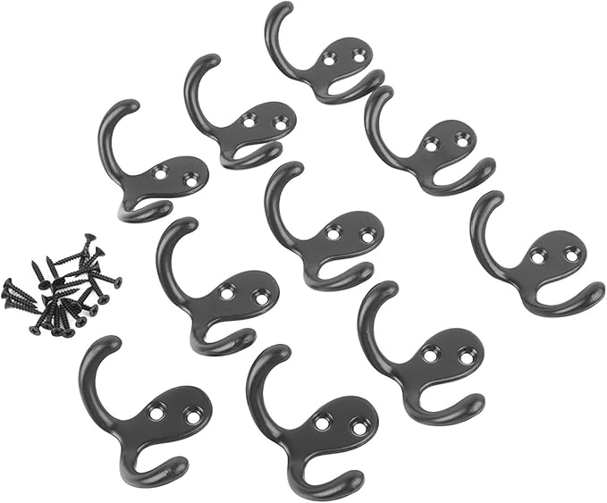 aqxreight 10pcs Black Double Prong Coat Hooks Wall Mounted Retro High Durability Zinc Alloy Wall Hooks for Bathroom Kitchen Double Prong Coat