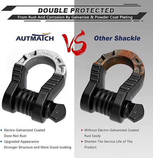 AUTMATCH D Ring Shackles 34" Mega Shackle (2 Pack) 68,000Ibs Break Strength - Clevis Shackle 78" Screw Pin, D Shackle IsolatorWasher Kit for Tow Strap Winch Off Road Vehicle Recovery, Frosted Black