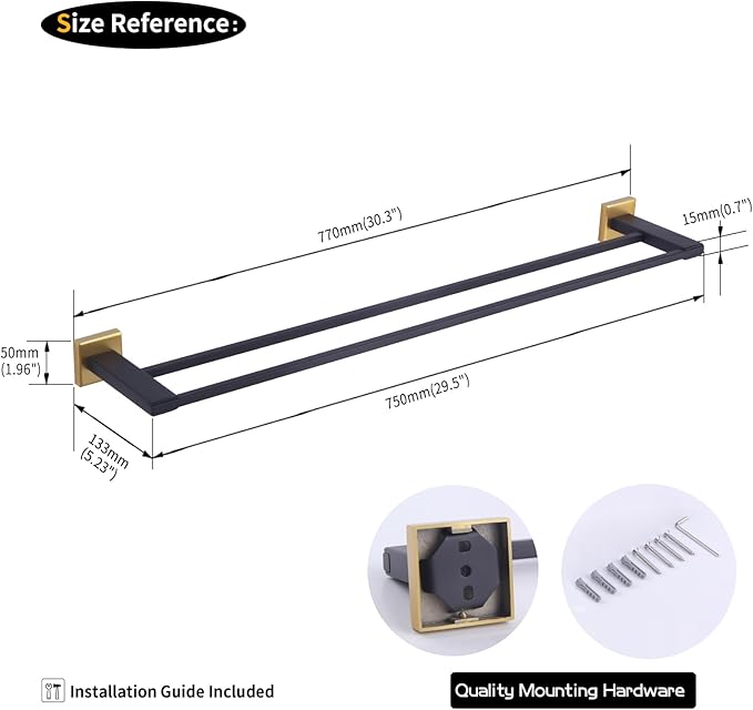 GERZWY 30 Inch Double Towel Bar Rack, Stainless Steel Modren Square Towel Holder for Bathroom Kitchen Wall Mounted (Black  Gold) JG1902C75-BD
