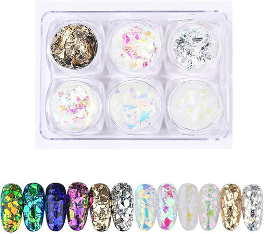 6 Colors Size A Irregular Gold Foil Nail Chip Glitter, Holographic Nail Foil Sequins for Nail Art Decoration