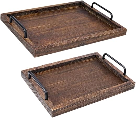 2Pcs Rustic Wooden Serving Trays Farmhouse Decor Multipurpose Rectangular Serving Platters with Handles for Food Tea Coffee, black brown