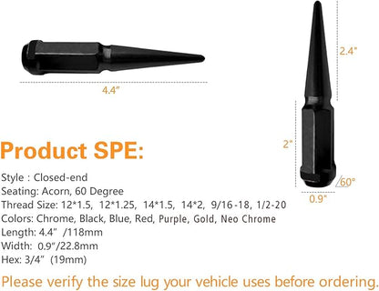 Thread Size: 14 x 1.5 Acorn Seat Solid Metal Spike Lug Nut Closed End Tuner Wheel Rim Tire Screw Refit, Chrome