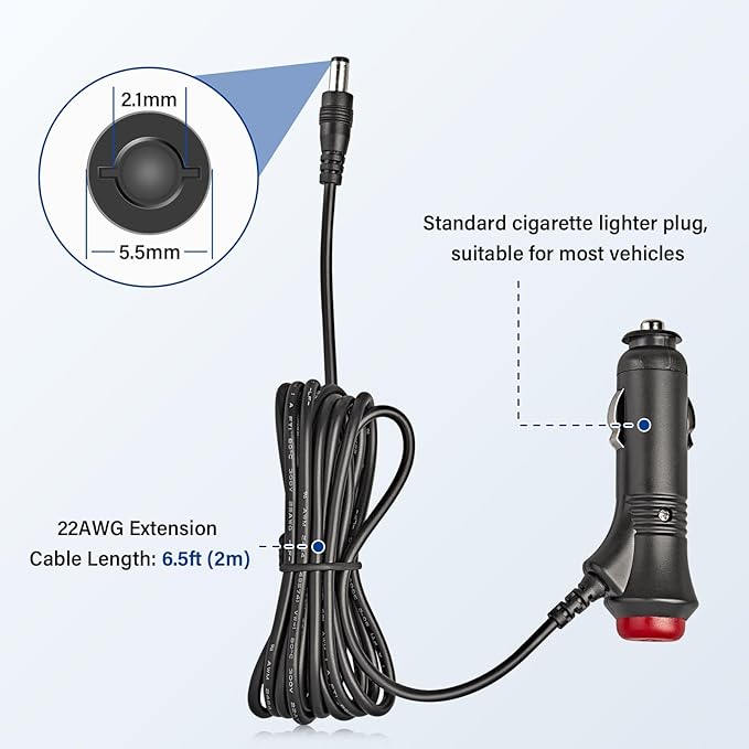 Anina 0.217x0.083 in Car Cigarette Lighter Adapter Plug Cable with Switch Button, 6.5ft 12V-24V Male Cigarette Lighter Power Supply Charger