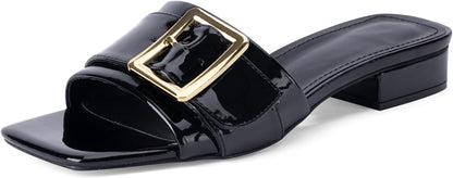 Women's Slide Heeled Sandals Opened Square Toe Chunky Block Heel Slippers with Buckle Slip on Casual Comfortable Pumps