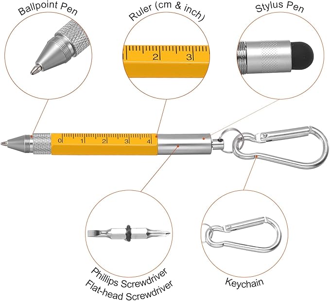 MECCANIXITY 6 in 1 Metallic Stylus Pen Aluminum Alloy Mini Capacitive Pens with Ballpoint Pen, Ruler, Screwdriver, Stylus, Keychain for Men and Women,Yellow