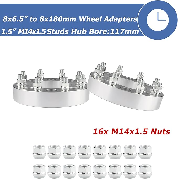 2pcs 8x6.5 to 8x180 Wheel Adapters, 1.5 Inch 8x165.1 to 8x180 Wheel Adapters 117mm Center core for 1999-2010 Silverado Sierra 2500 3500 HD with M14x1.5 Studs, Chrome