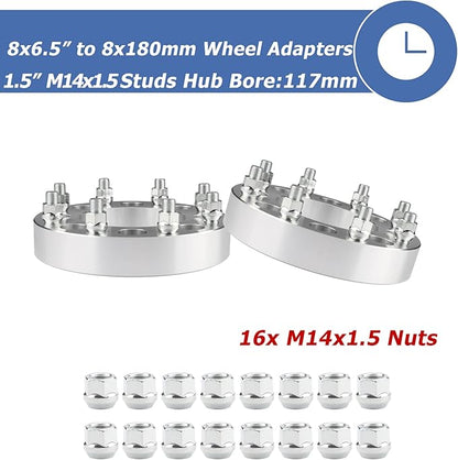 2pcs 8x6.5 to 8x180 Wheel Adapters, 1.5 Inch 8x165.1 to 8x180 Wheel Adapters 117mm Center core for 1999-2010 Silverado Sierra 2500 3500 HD with M14x1.5 Studs, Chrome