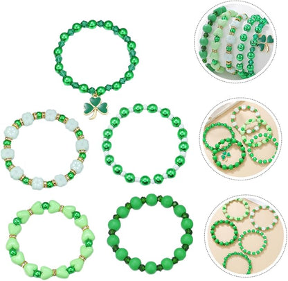 Garneck 5Pcs St Patrick's Day Jewelry Set - Green Beaded Stretch Bracelets with Shamrock Charms - Accessories for Celebrations Parties and Holiday Festivities