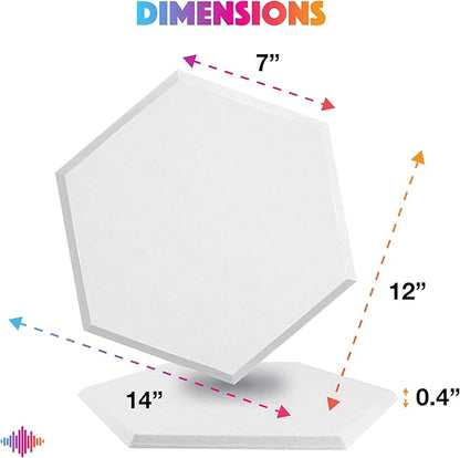 Sonic Acoustics Self-Adhesive 12 Pack Hexagon Acoustic Panels, High Density Sound Absorbing Panels Soundproof Insulation Beveled Edge Studio Treatment Tiles (White)