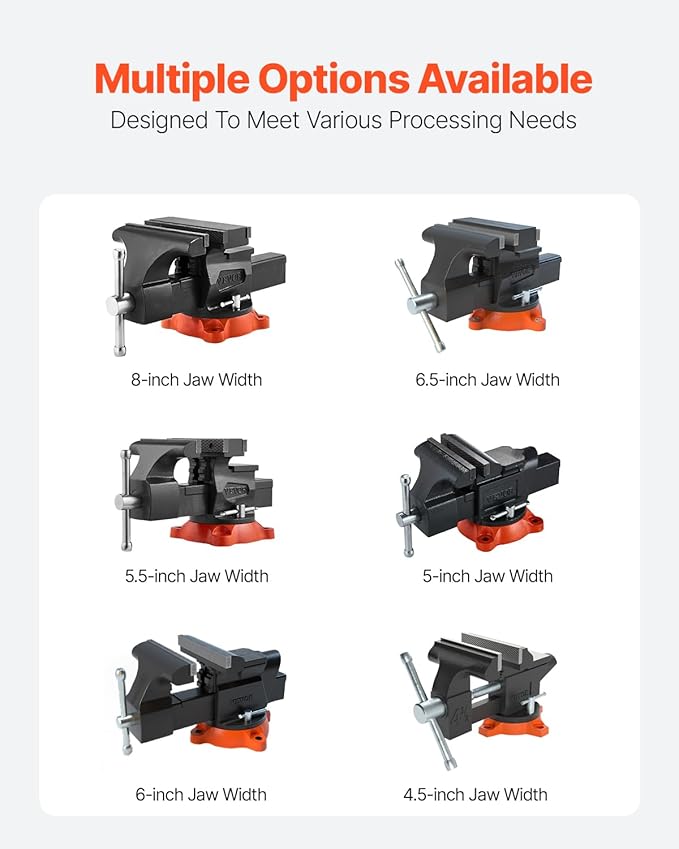 VEVOR Bench Vise, 8" Jaw Width, 8" Max Jaw Opening Multipurpose Vise with 360° Swivel Locking Base, 3.7" Throat Depth, Heavy Duty Ductile Iron Workbench Vise, Two-Way Jaws for Clamping Round Pipes