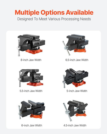 VEVOR Bench Vise, 8" Jaw Width, 8" Max Jaw Opening Multipurpose Vise with 360° Swivel Locking Base, 3.7" Throat Depth, Heavy Duty Ductile Iron Workbench Vise, Two-Way Jaws for Clamping Round Pipes