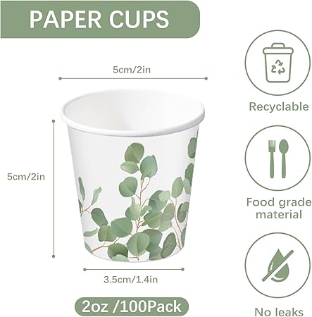 RUSPEPA 2 oz Bathroom Cups, Disposable Paper Cups - 100 Pack Eucalyptus Design Printed - Mini Mouthwash Rinse Paper Cups for Home, Bathroom, Picnic, Party, and Events