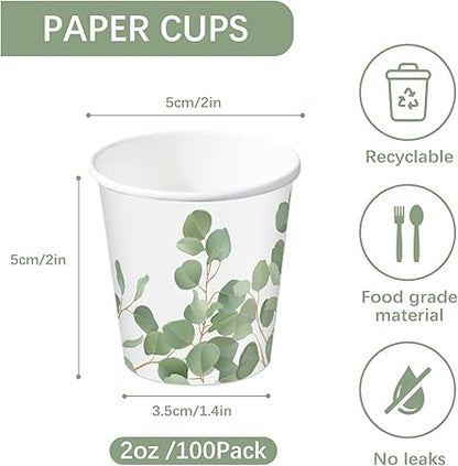 RUSPEPA 2 oz Bathroom Cups, Disposable Paper Cups - 100 Pack Eucalyptus Design Printed - Mini Mouthwash Rinse Paper Cups for Home, Bathroom, Picnic, Party, and Events