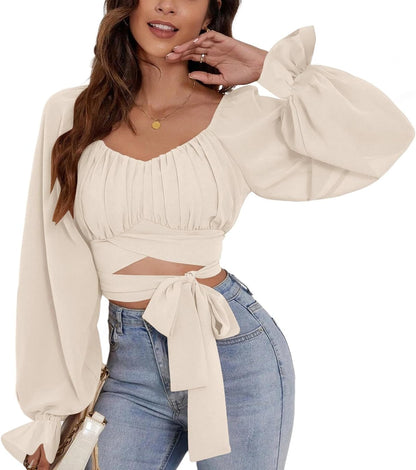 Light Yellow Rooscier Women's Ruched Wrap Square Neck Flounce Long Sleeve Self Tie Crop Top Blouse