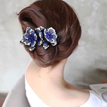 Rhinestone Double Flower Hair Clip,Crystal Duckbill Clip Hairpin with Teeth Non-Slip Women Hair Dovetail Clips for Thick Long Hair Accessories(I)