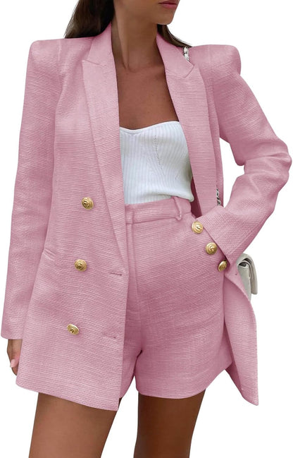 Cicy Bell Womens 2 Piece Tweed Blazer Shorts Sets Long Sleeve Double Breasted Suit Jackets Business Outfit Pink, Meduim.