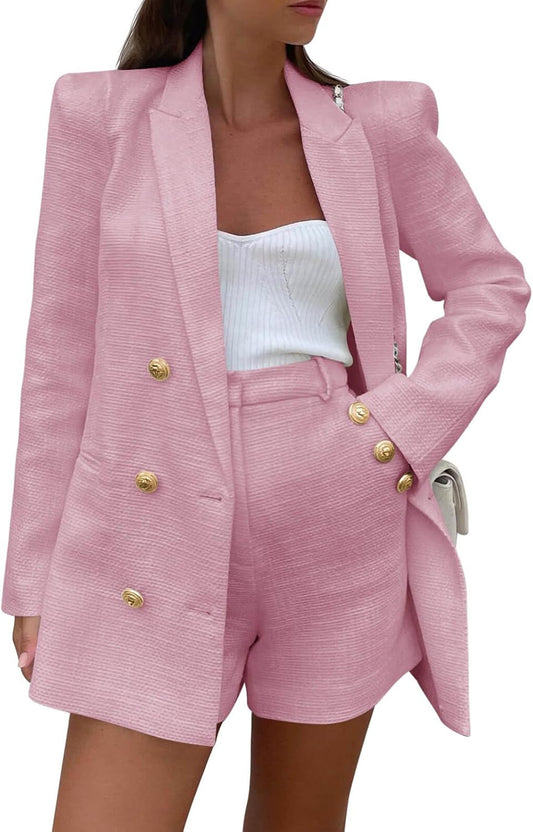 Cicy Bell Womens 2 Piece Tweed Blazer Shorts Sets Long Sleeve Double Breasted Suit Jackets Business Outfit Pink, Meduim.