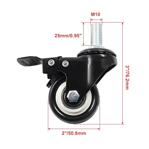 2'' Threaded Stem Casters with Brake, M10 x 25mm Heavy Duty 360 Degree Swivel Stem Wheels for Furniture, Cart, Workbench - Set of 4(2 with Brake,2 with No Brake)