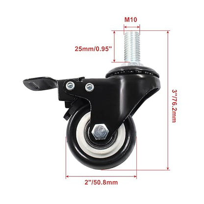 2'' Threaded Stem Casters with Brake, M10 x 25mm Heavy Duty 360 Degree Swivel Stem Wheels for Furniture, Cart, Workbench - Set of 4(2 with Brake,2 with No Brake)