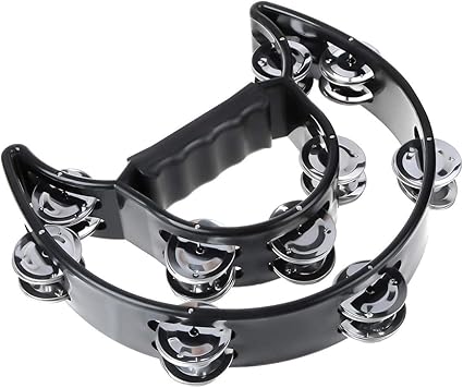 Half Moon Musical Tambourine Double Row Metal Jingles Hand Held Percussion Drum Multicolor for KTV Party with Ergonomic Handle Grip (Black)
