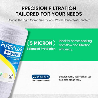 PUREPLUS 5 Micron 10 x 4.5 Whole House String Wound Sediment Filter for Well Water, Replacement Cartridge for 84637, WPX5BB97P, PC10, 355214-45, 355215-45, WP10BB97P, WP5BB97P, 1Pack