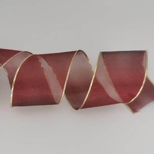HATIANGE Burgundy Organza Wired Ribbon Gold Lurex Edge Sheer Ribbon, 2.5 Inch x 25 Yards, for Gift Wrapping DIY Xmas Tree Bows Wreaths Craft Decoration