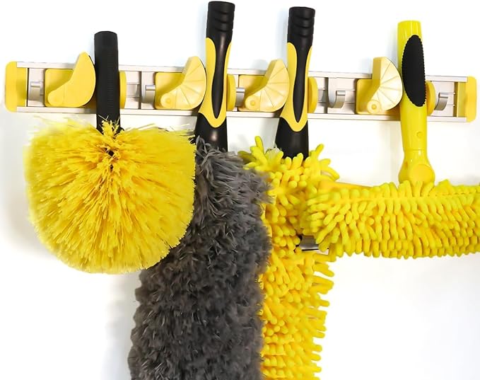 Good Grip Wall-Mounted Mop and Broom Holder Storage Organizer Cleaning Tools Hanger for Kitchen Garden Laundry Room and Garage (4 slots, 5 hooks)