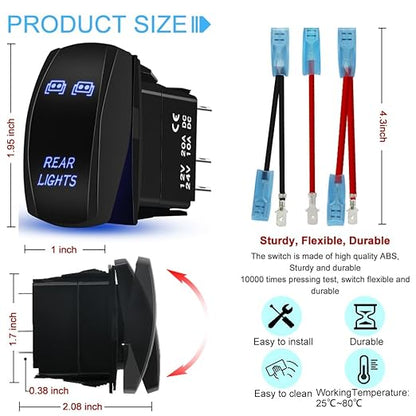 Rear Lights Rocker Switch Toggle On-Off 12V20A 24V10A Waterproof 5Pin Laser SPST Toggle Switch Blue Backlit with Jumper Wires Set for Marine Boat Car Truck RV SUV