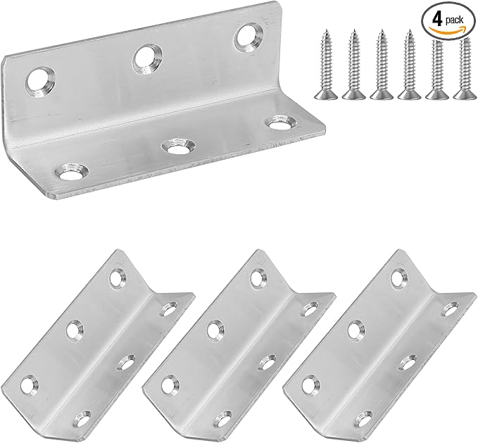L Bracket, Heavy Duty Corner Brace, 4 Pack 3.2" Metal Shelf Bracket Angle Bracket for Shelves, Polished Silver Stainless Steel Braces for Wood Furniture