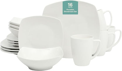Gibson Home Zen Buffet Porcelain Chip and Scratch Resistant Dinnerware Plates, Bowls, and Mugs Set White (Square Dishes)