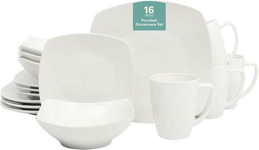 Gibson Home Zen Buffet Porcelain Chip and Scratch Resistant Dinnerware Plates, Bowls, and Mugs Set White (Square Dishes)
