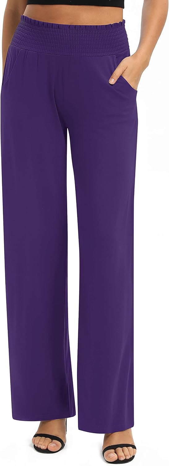Urban CoCo Womens High Waist Flowy Palazzo Pants Elastic Waist Wide Leg Stretchy Straight Leg Dressy Casual Lounge Trousers