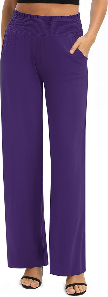Urban CoCo Womens High Waist Flowy Palazzo Pants Elastic Waist Wide Leg Stretchy Straight Leg Dressy Casual Lounge Trousers