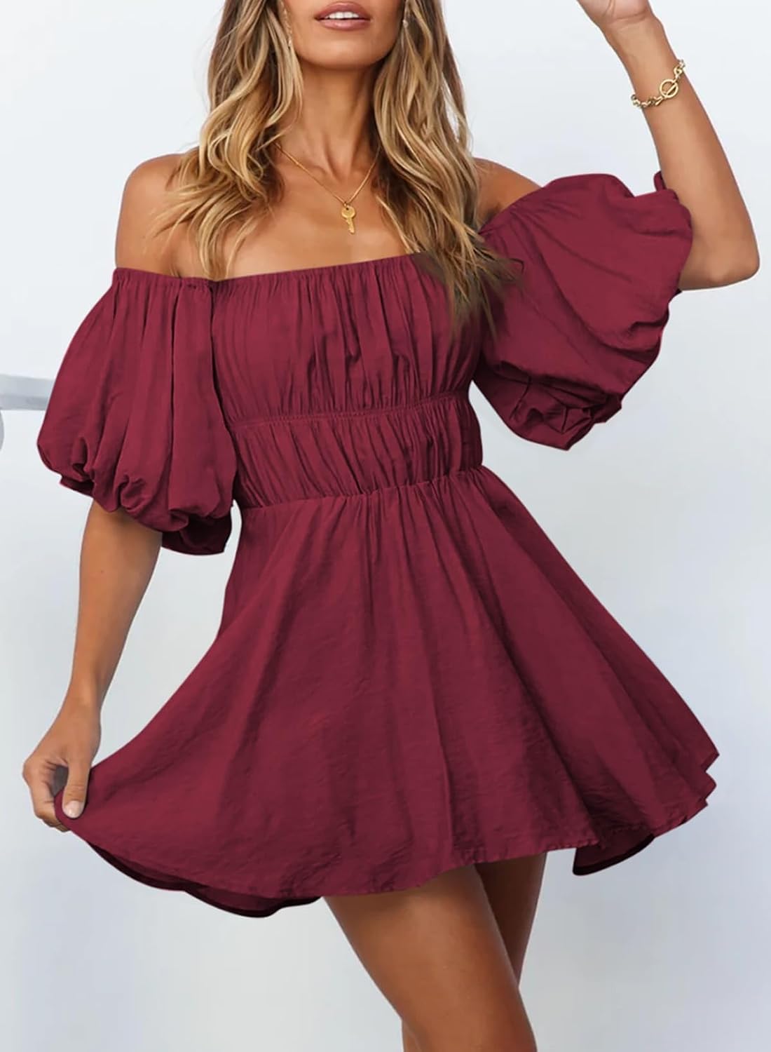 Dokotoo Womens Off The Shoulder Elastic Waist Summer Dresses | Ruffle,A-Line,Square Neck,Lantern Sleeve,Wedding Guest,Bohemian,Beach Vacation,Sundresses,Casual,Pirate Dress