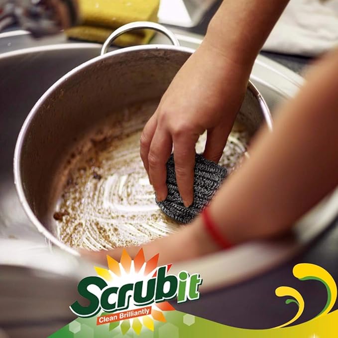 SCRUBIT 6 Pack Stainless Steel Scourers  Steel Wool Scrubber Pad Used for Dishes, Pots, Pans, and Ovens. Easy scouring for Tough Kitchen Cleaning.